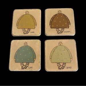 4 Coasters Wood Primitive Rag Dolls Love Dream Laugh Live Home Decor